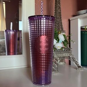 Pink/purple and orange grid Starbucks tumbler